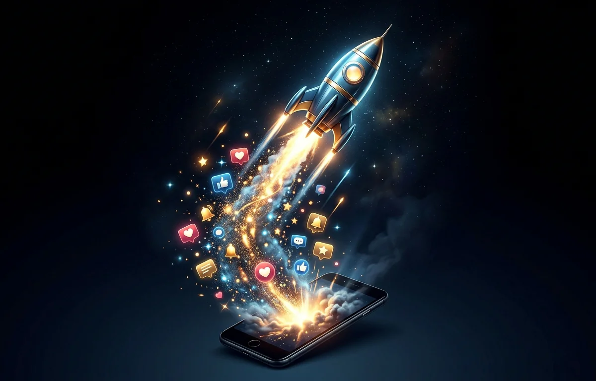 Accelerate Your Social Media Growth with MegaFamous.net Rocket launching from a smartphone representing explosive social media growth and follower increase with MegaFamous.net
