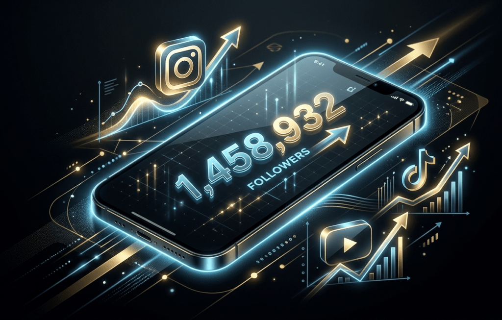 Smartphone showing rising social media follower counts with Instagram TikTok and YouTube icons in 2026 - MegaFamous.net