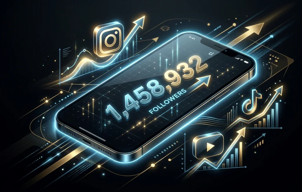 Smartphone showing rising social media follower counts with Instagram TikTok and YouTube icons in 2026 - MegaFamous.net